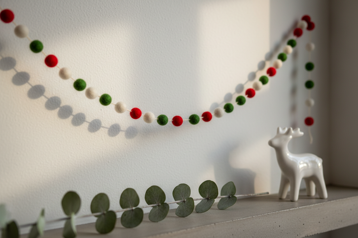Guirlande de pompons feutrés Noël rouge blanc vert en décoration murale, faite à la main en France