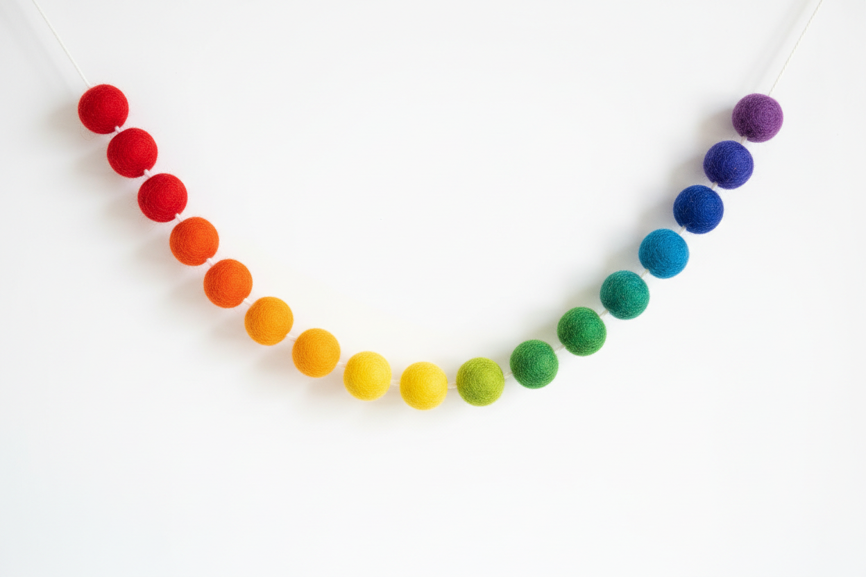 Guirlande de pompons feutrés arc-en-ciel faites main en France, suspendues en arc de cercle sur un mur blanc