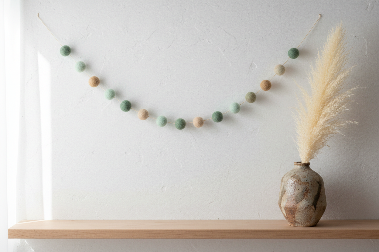 Guirlande de pompons feutrés eucalyptus céladon et beige en décoration murale style japandi wabi-sabi, faite main en France