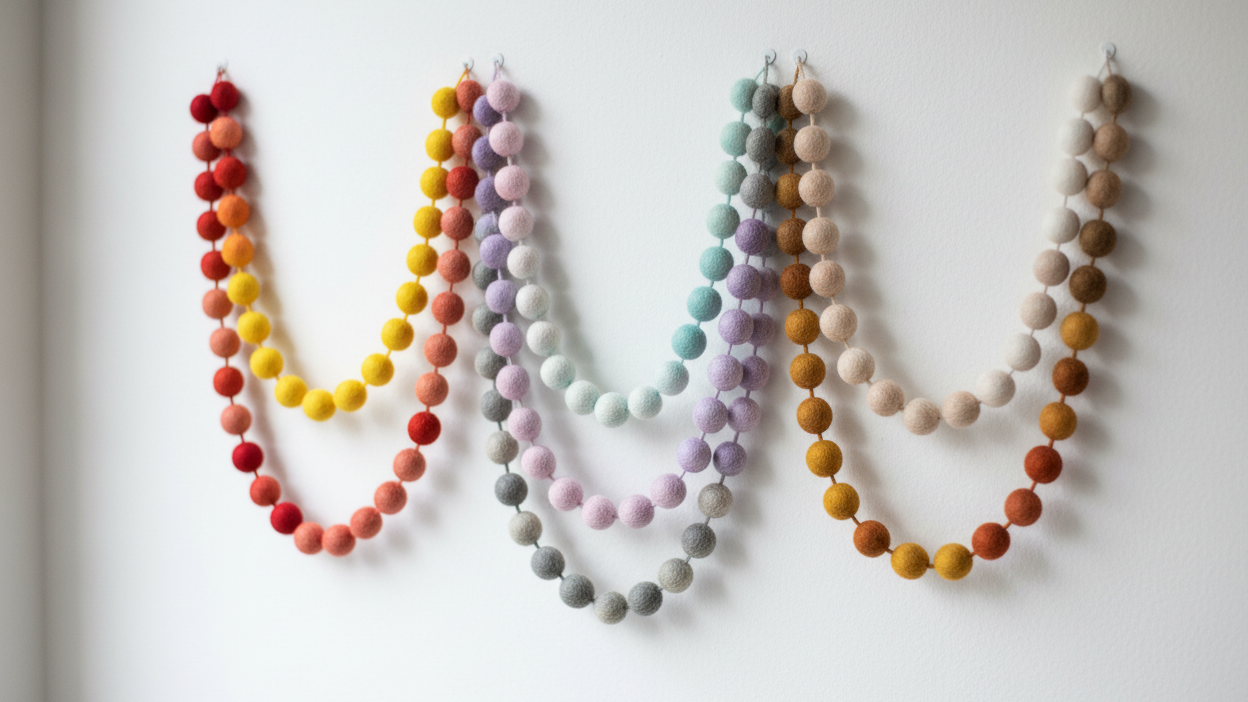 Guirlandes de pompons feutrés en laine mérinos sur un mur blanc