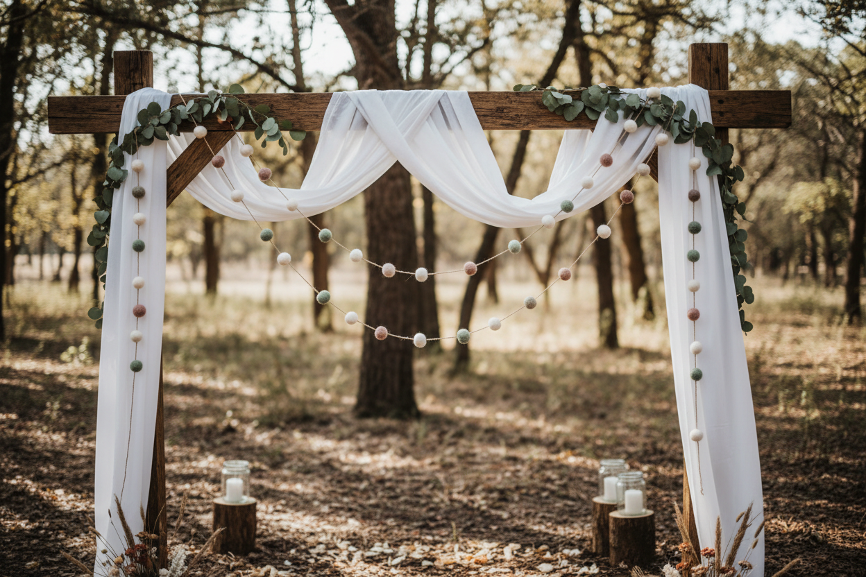 Guirlande de pompons feutrés ivoire et sauge sur arche en bois pour décoration de mariage bohème, faite main en France