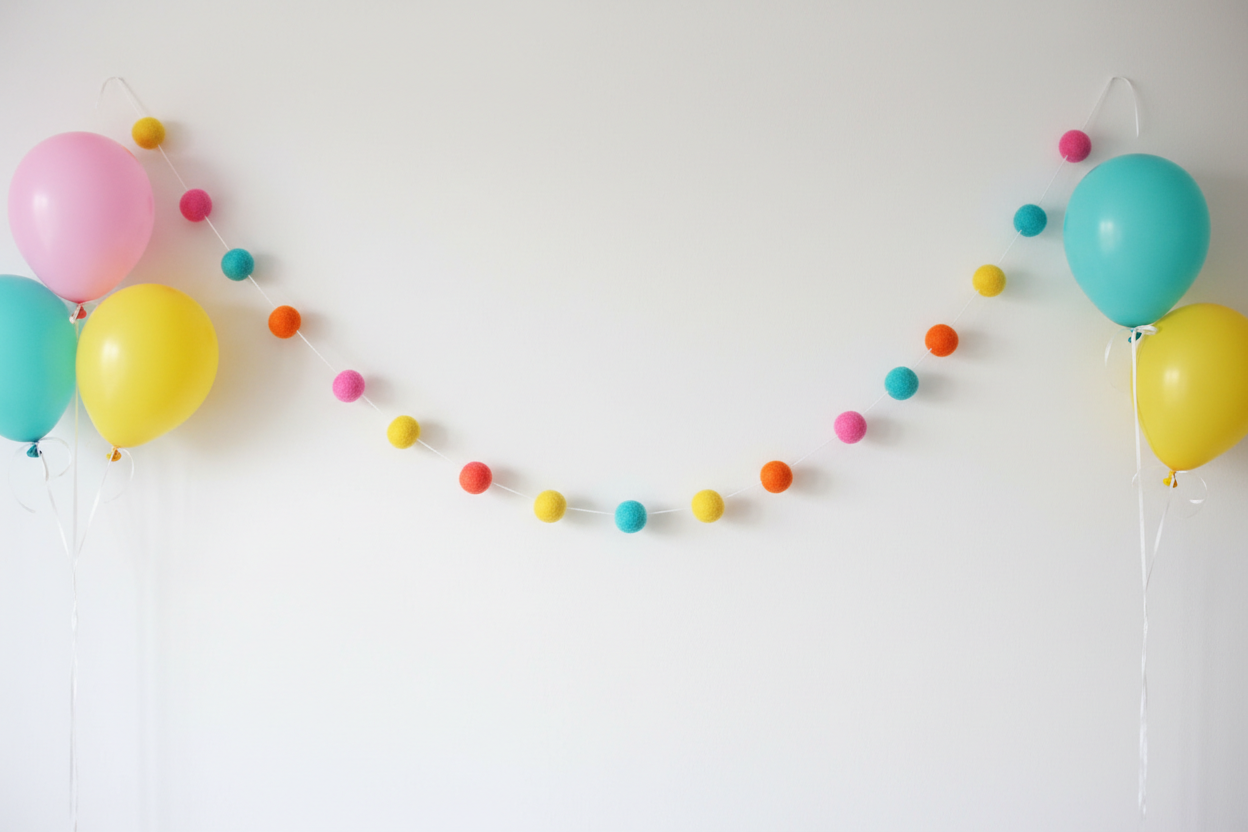 Guirlande de pompons feutrés colorés pour décoration d'anniversaire festive, faite à la main en France