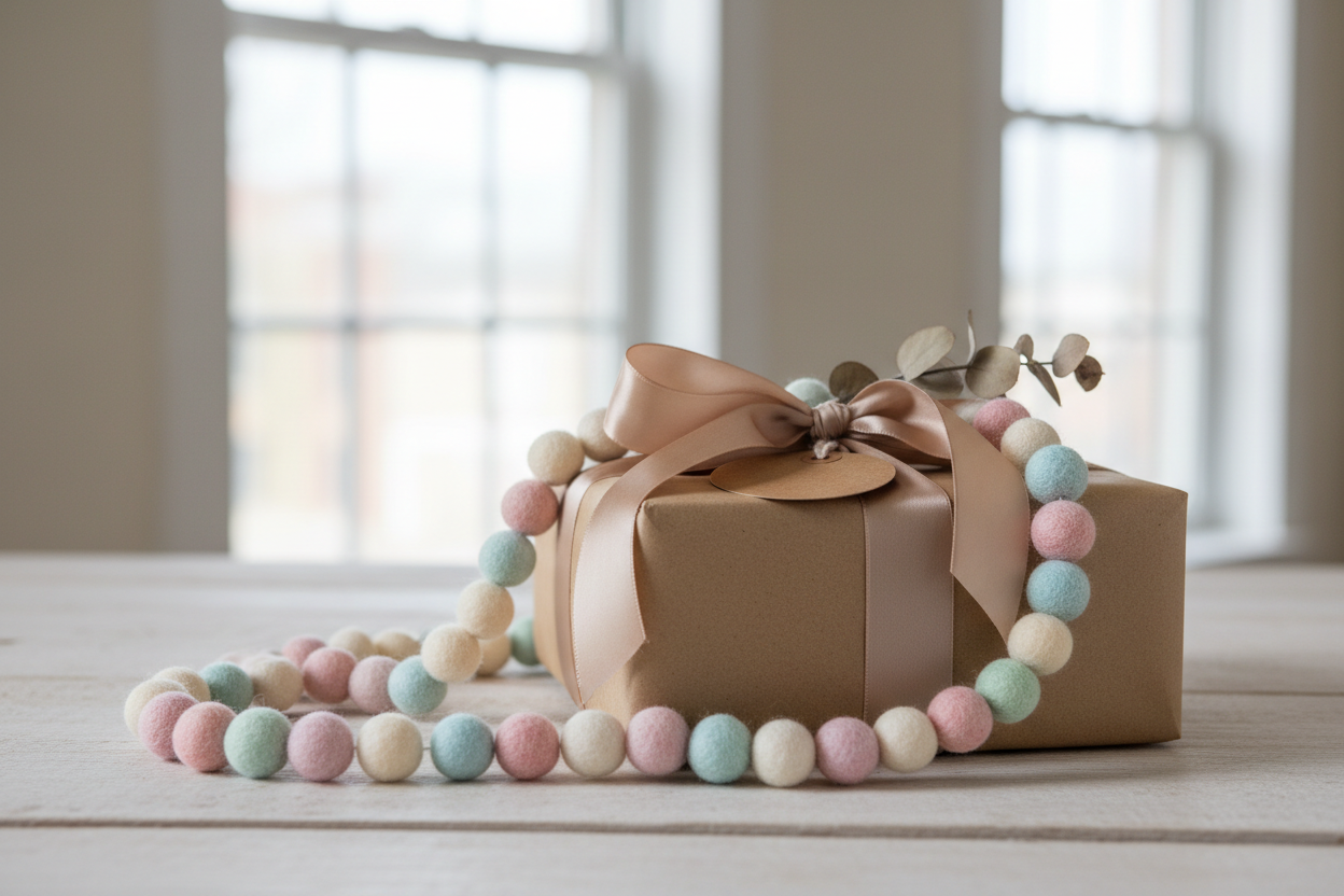 Guirlande de pompons feutrés faite main en France présentée comme cadeau avec papier kraft et ruban