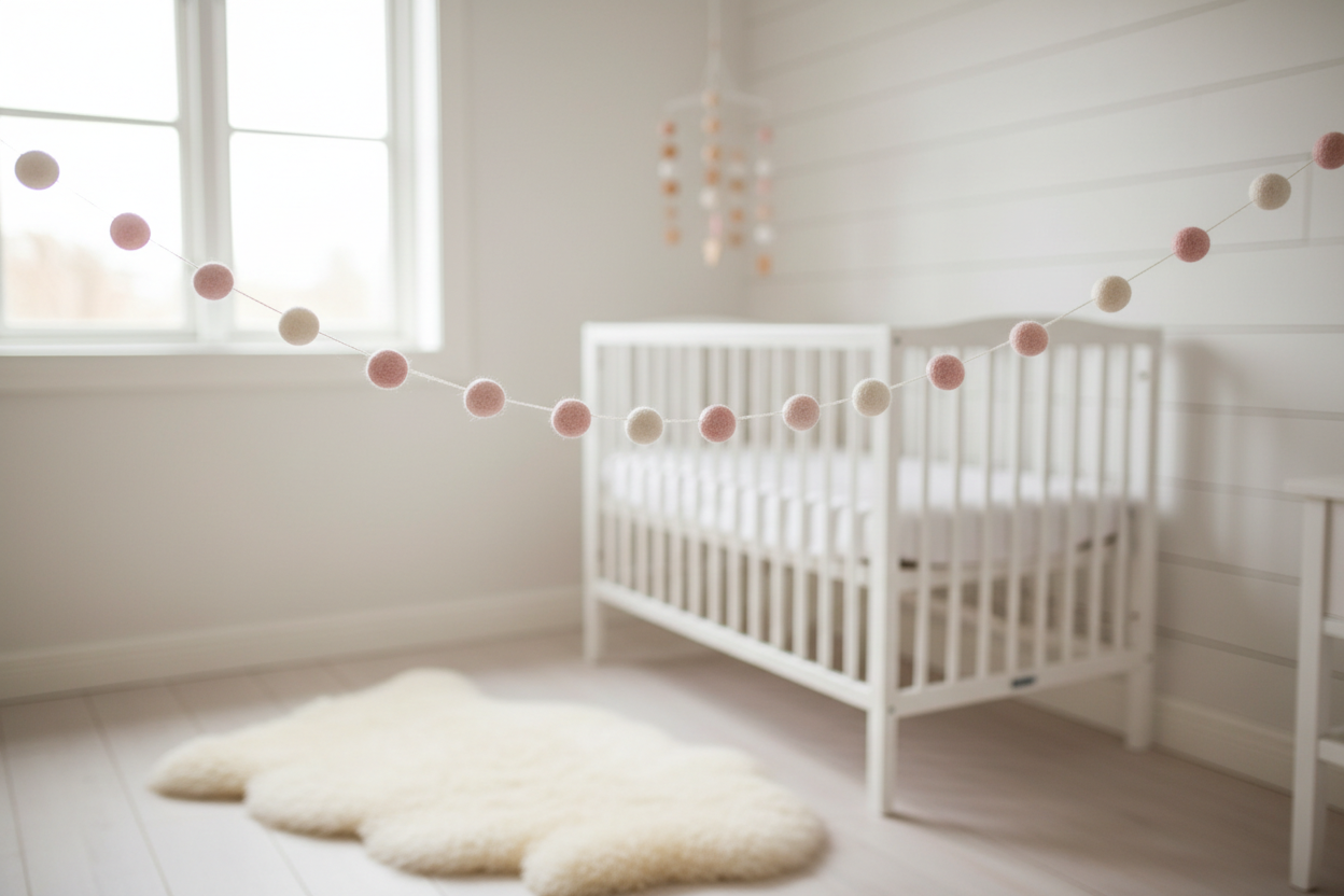 Guirlande de pompons feutrés pastel rose et blanc au-dessus d'un berceau, décoration chambre bébé faite main en France