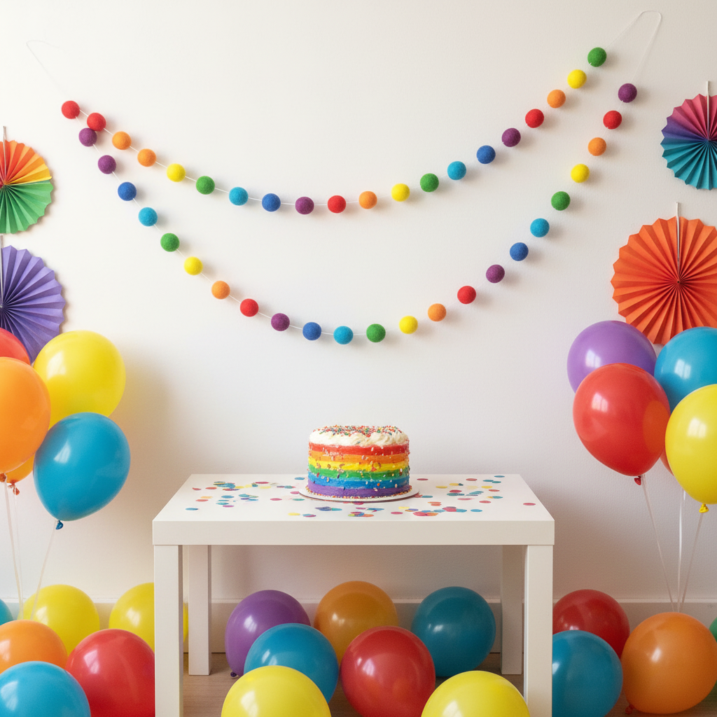 Guirlande de pompons feutrés arc-en-ciel classique suspendue pour un anniversaire