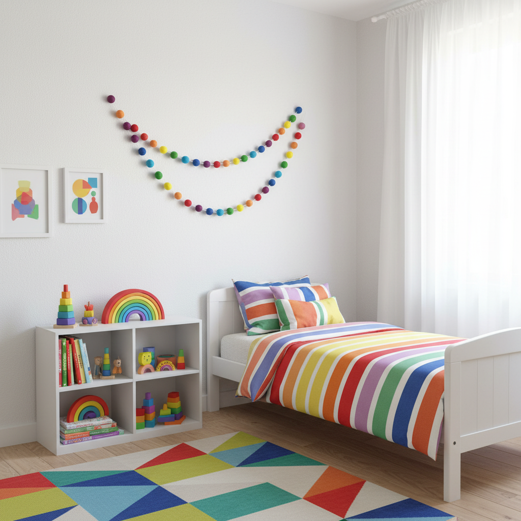 Guirlande de pompons feutrés arc-en-ciel classique dans une chambre d'enfant