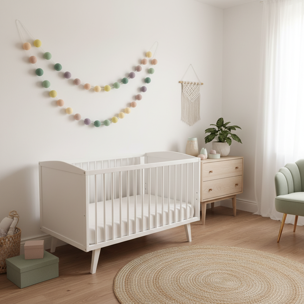 Guirlande de pompons feutrés arc-en-ciel estompé suspendue sur le mur d'une chambre bébé