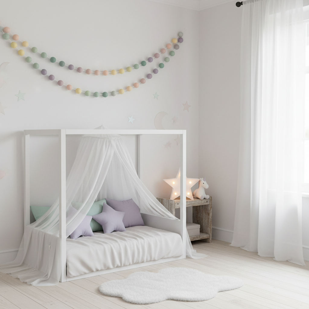 Guirlande de pompons feutrés arc-en-ciel estompé dans une chambre fille féerique