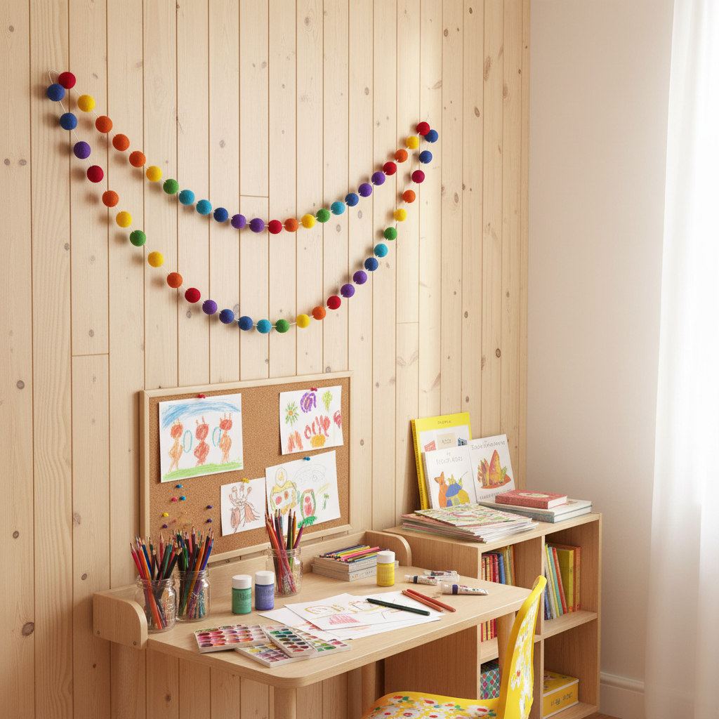 Guirlande de pompons feutrés arc-en-ciel intense dans un bureau créatif pour enfant