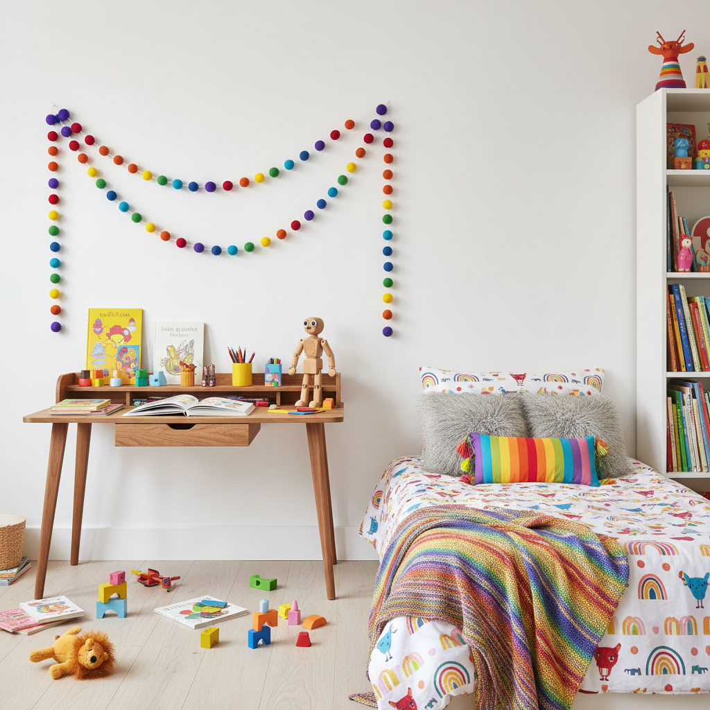 Guirlande de pompons feutrés arc-en-ciel intense dans une chambre d'enfant