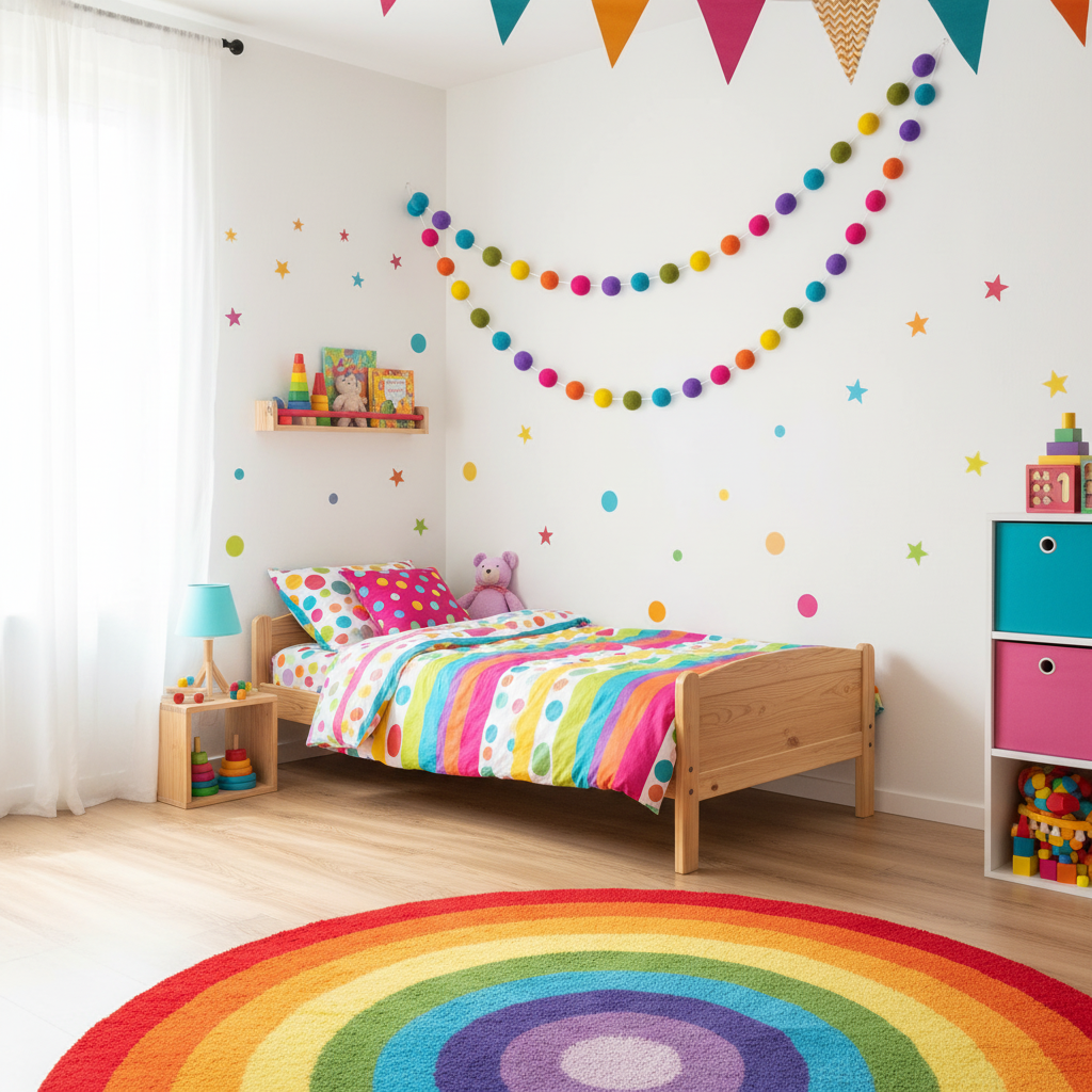 Guirlande de pompons feutrés arc-en-ciel mexicain suspendue sur un mir dans une chambre d'enfant