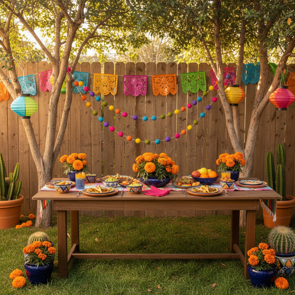 Guirlande de pompons feutrés arc-en-ciel mexicain suspendue dans un jardin pour une fête inspiration mexicaine