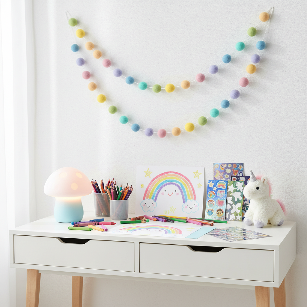 Guirlande de pompons feutrés arc-en-ciel pastel suspendue sur le mur d'un bureau d'enfant