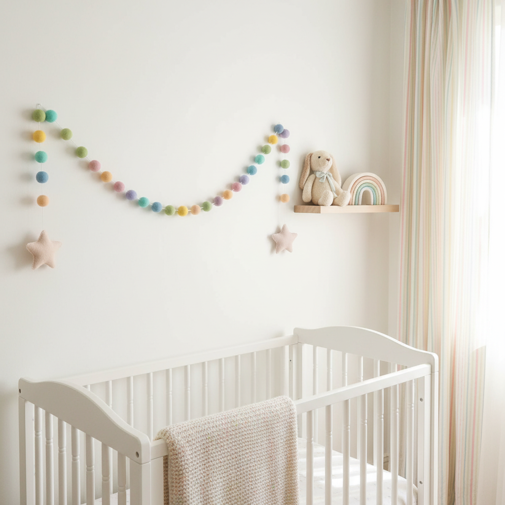 Guirlande de pompons feutrés arc-en-ciel pastel suspendue dans une chambre bébé