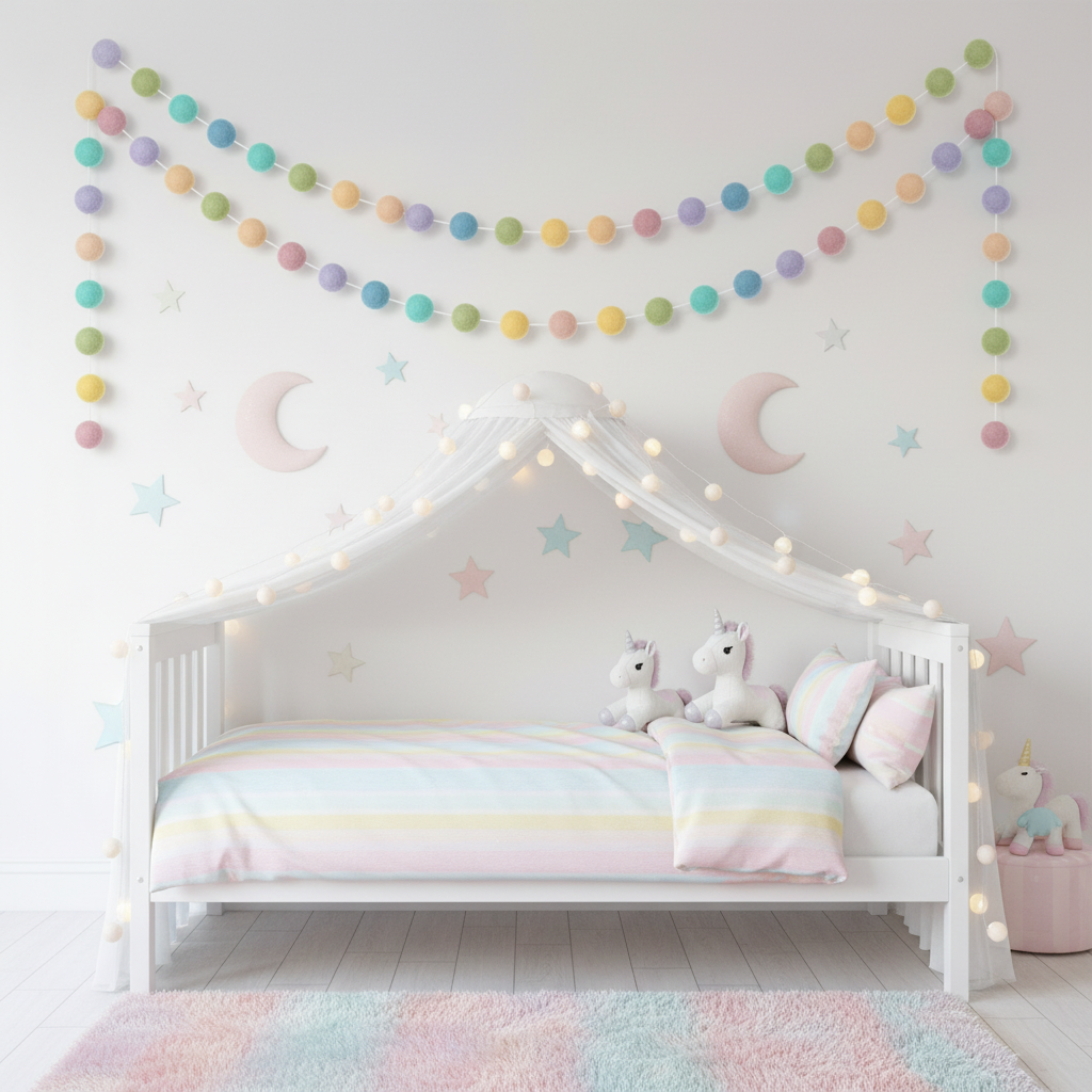 Guirlande de pompons feutrés arc-en-ciel pastel suspendue dans une chambre fille