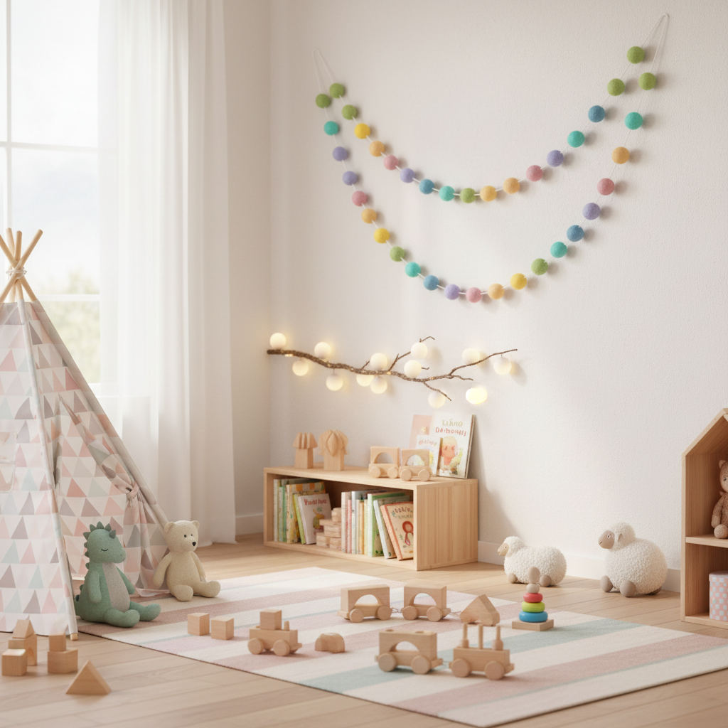 Guirlande de pompons feutrés arc-en-ciel pastel suspendue dans un espace jeux
