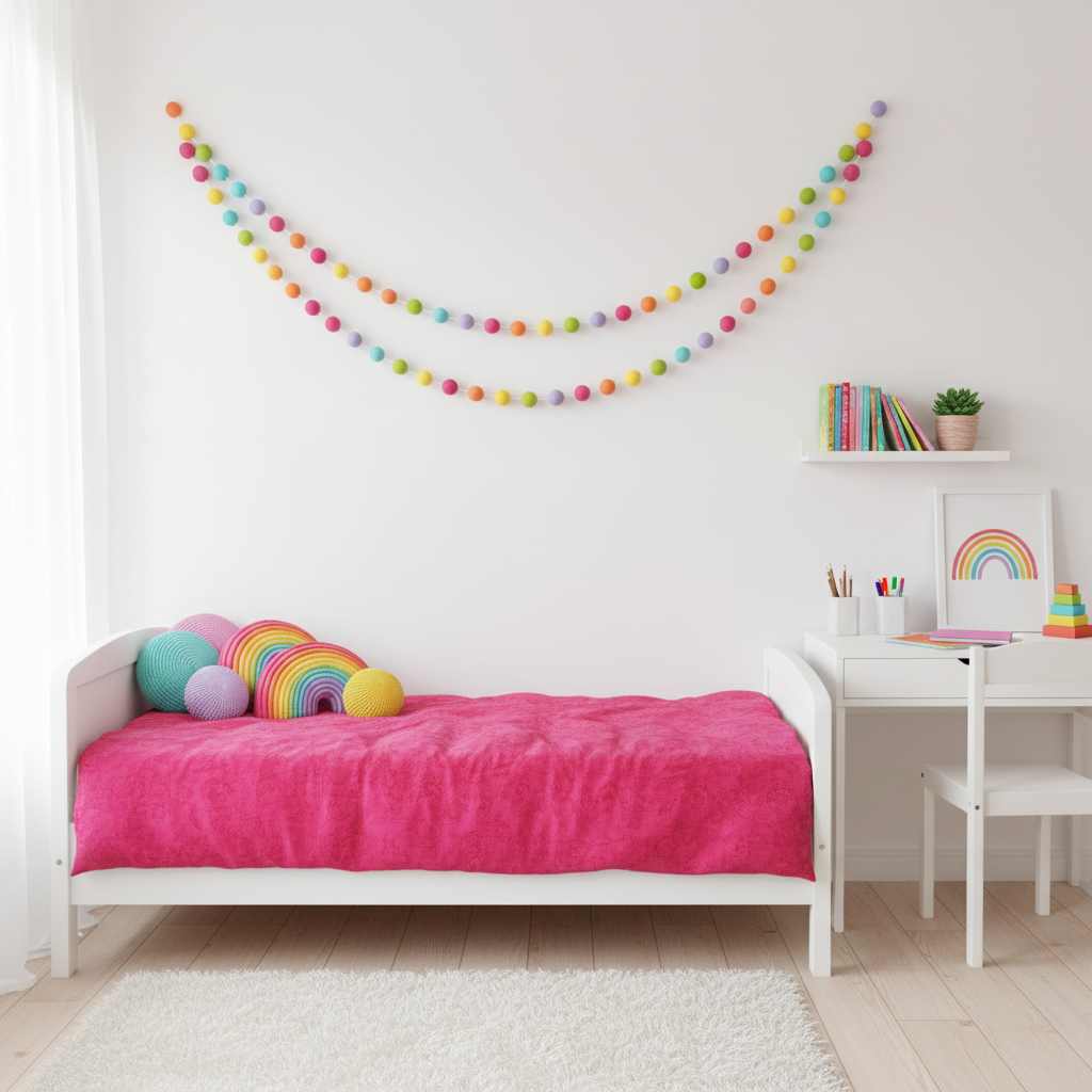 Guirlande de pompons feutrés arc-en-ciel-pétillant suspendue dans une chambre fille