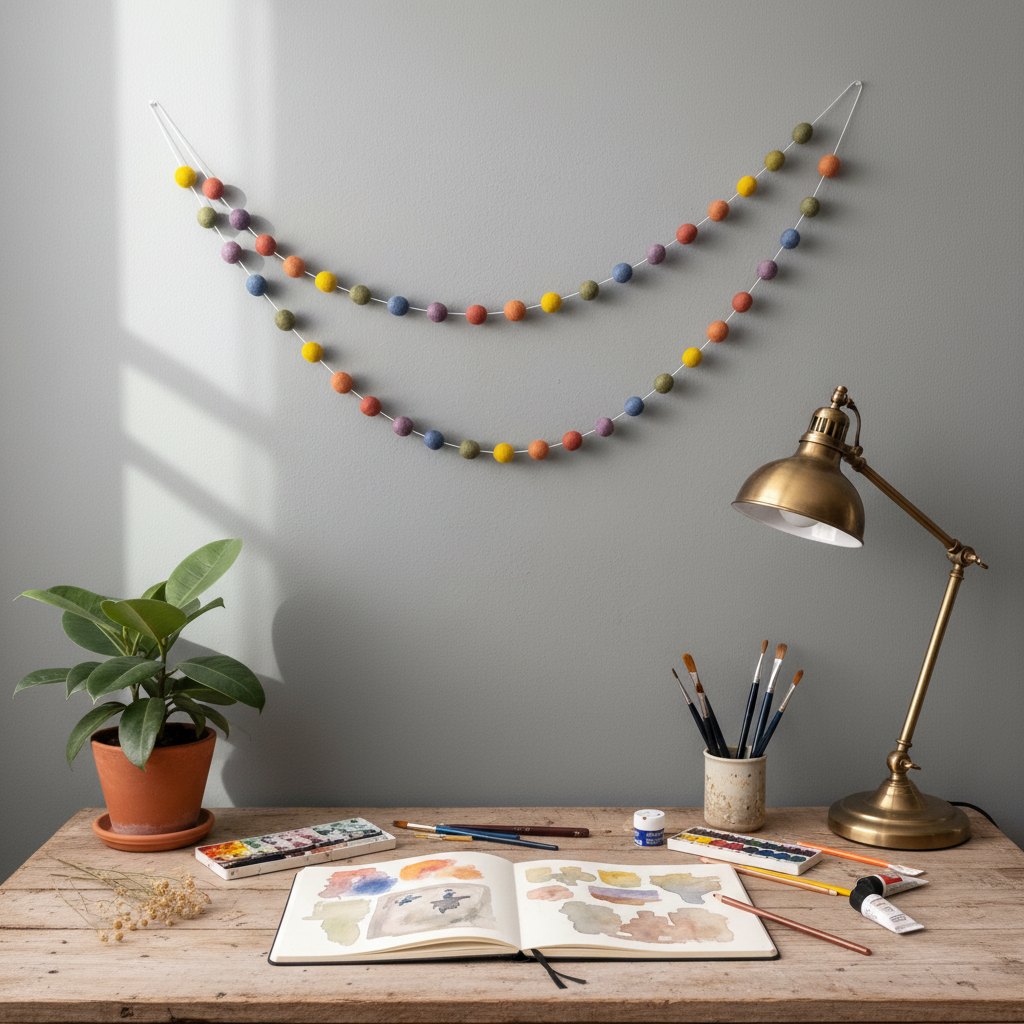 Guirlande de pompons feutrés arc-en-ciel vintage suspendue dans un bureau créatif