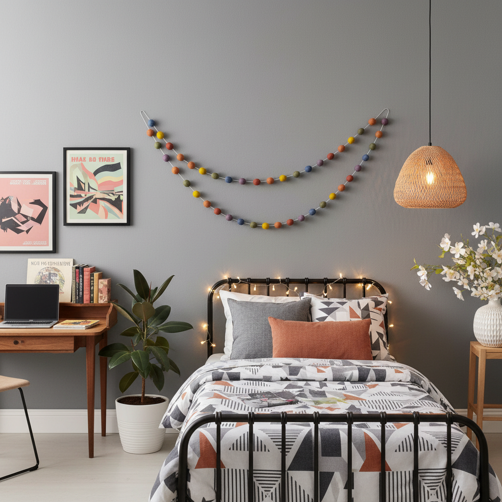 Guirlande de pompons feutrés arc-en-ciel vintage suspendue dans une chambre d'ado