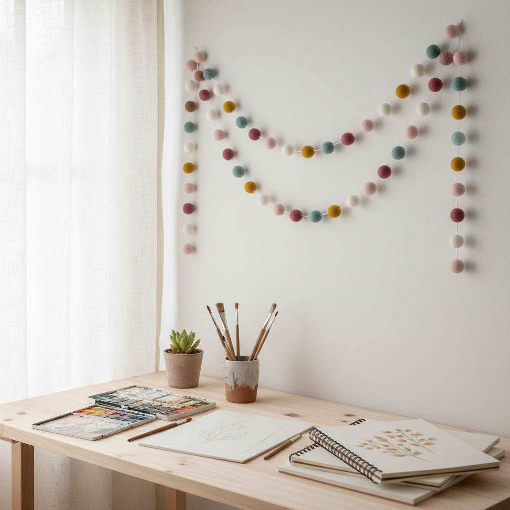Guirlande de pompons feutrés aube scandinave dans un bureau créatif