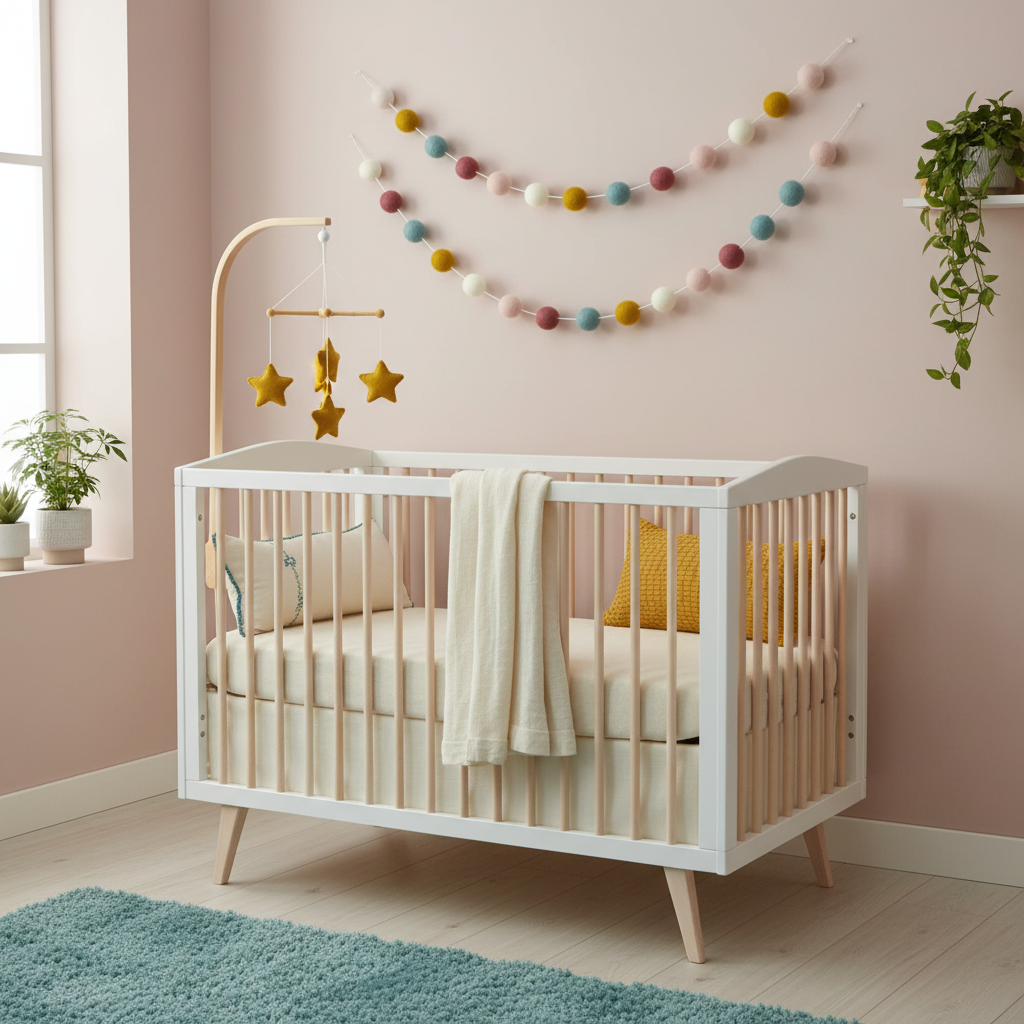 Guirlande de pompons feutrés aube scandinave suspendue dans une chambre bébé
