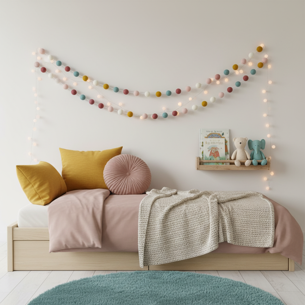 Guirlande de pompons feutrés aube scandinave suspendue dans une chambre d'enfant