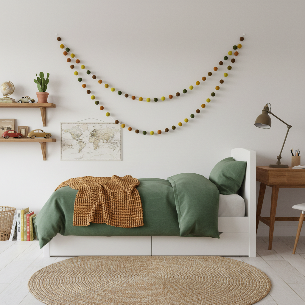 Guirlande de pompons feutrés automne suspendue sur un mur de chambre garçon