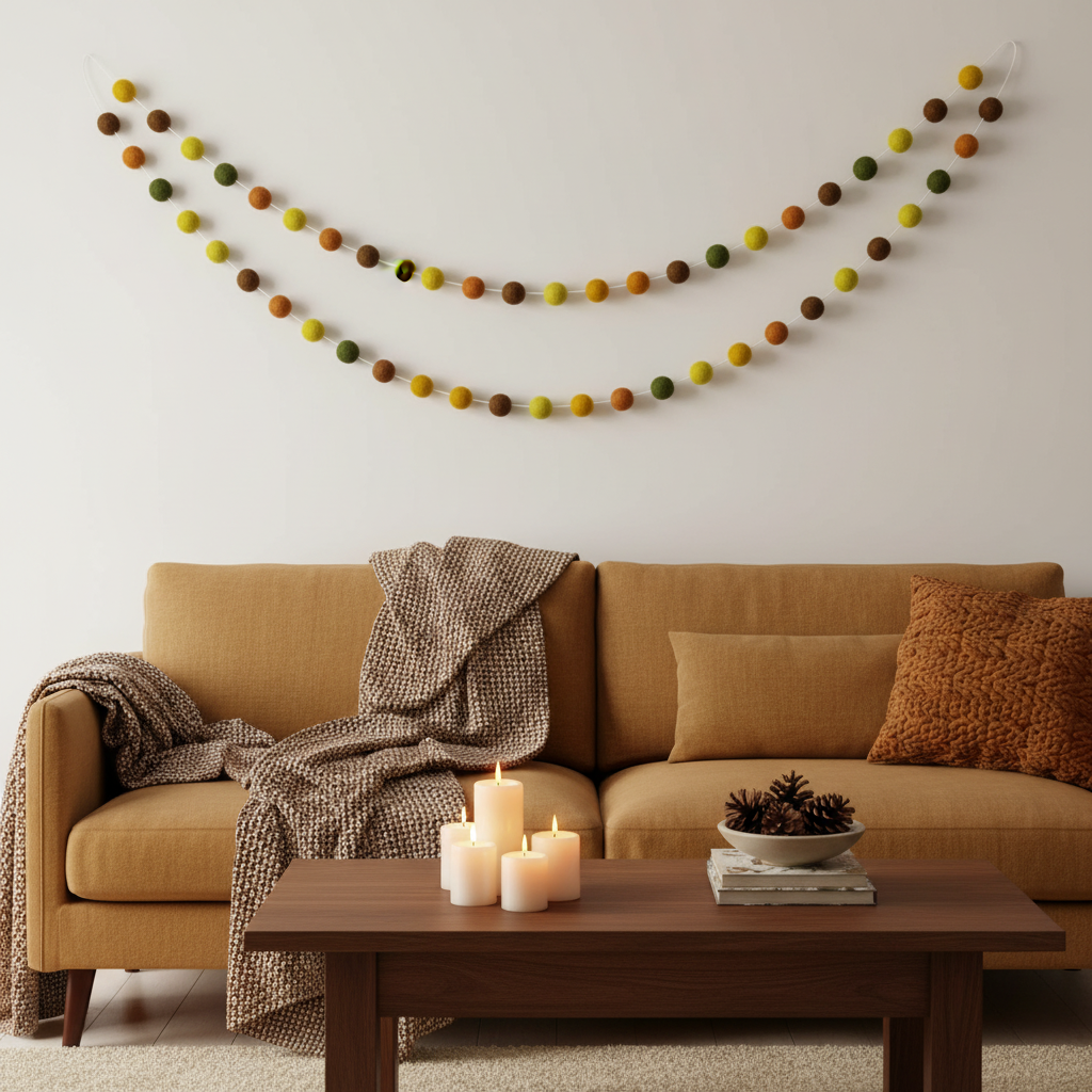 Guirlande pompons feutrés automne suspendue sur le mur d'un salon cosy