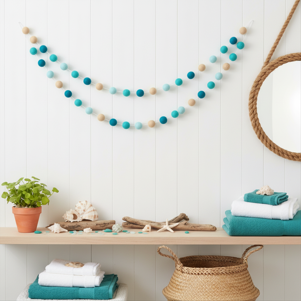 Guirlande de pompons feutrés beige turquoise dans une salle de bain bord de mer