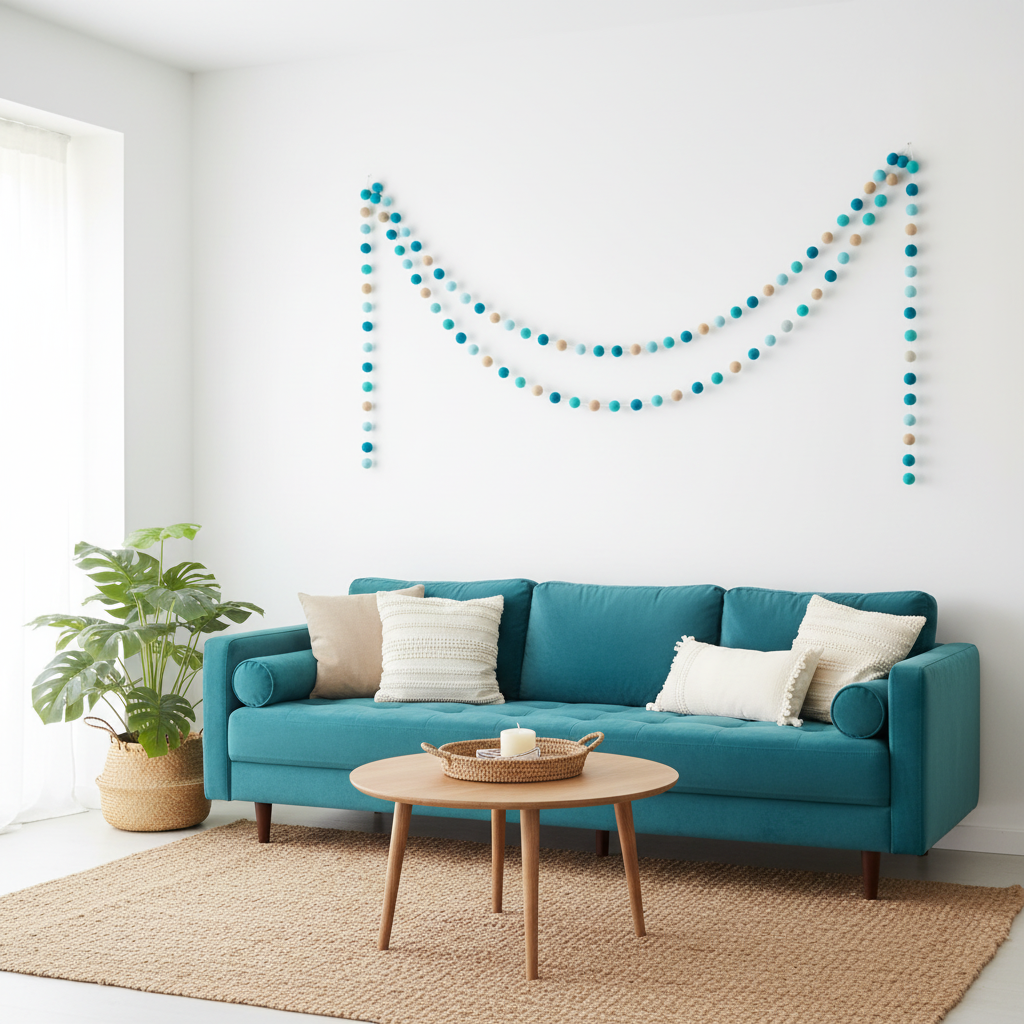 Guirlande de pompons feutrés beige turquoise dans un salon