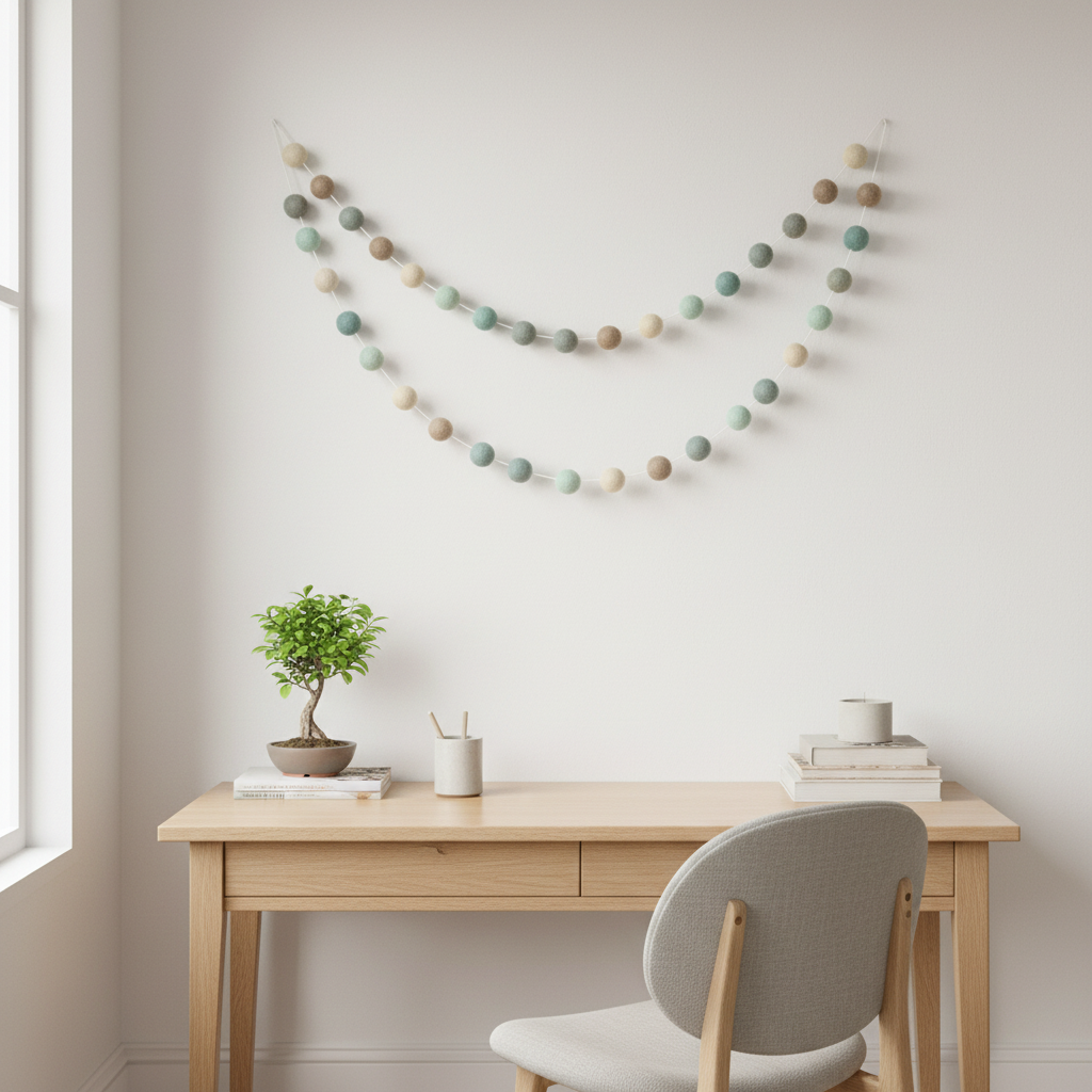 Guirlande de pompons feutrés bleu beige gris suspendue sur le mur d'un bureau