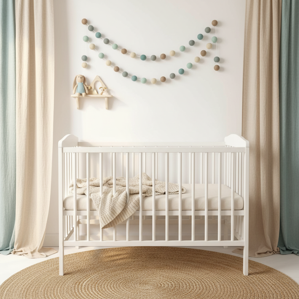 Guirlande de pompons feutrés bleu beige gris dans une chambre bébé mixte