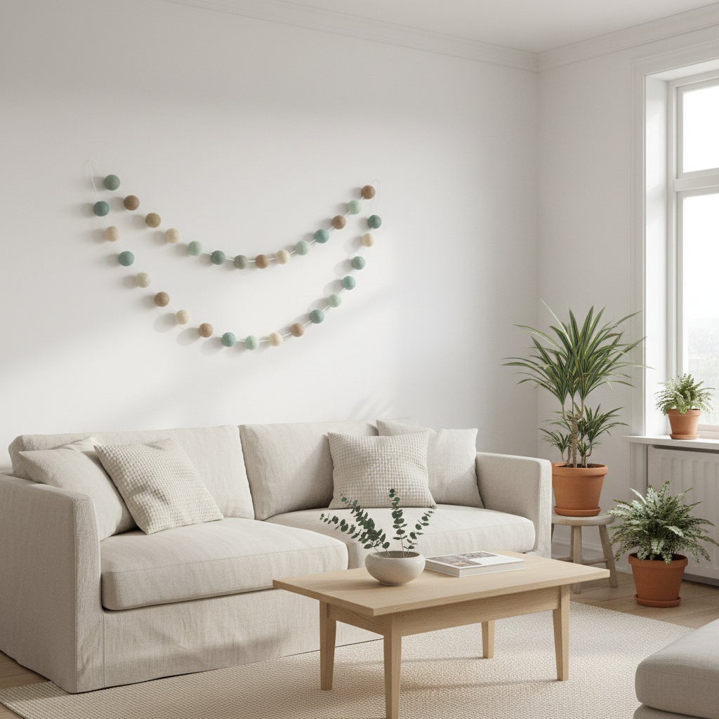 Guirlande de pompons feutrés bleu beige gris dans un salon