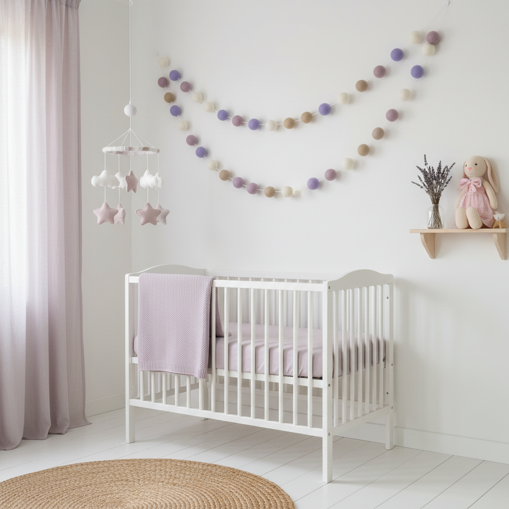 Guirlande de pompons feutrés brume florale dans une chambre bébé fille