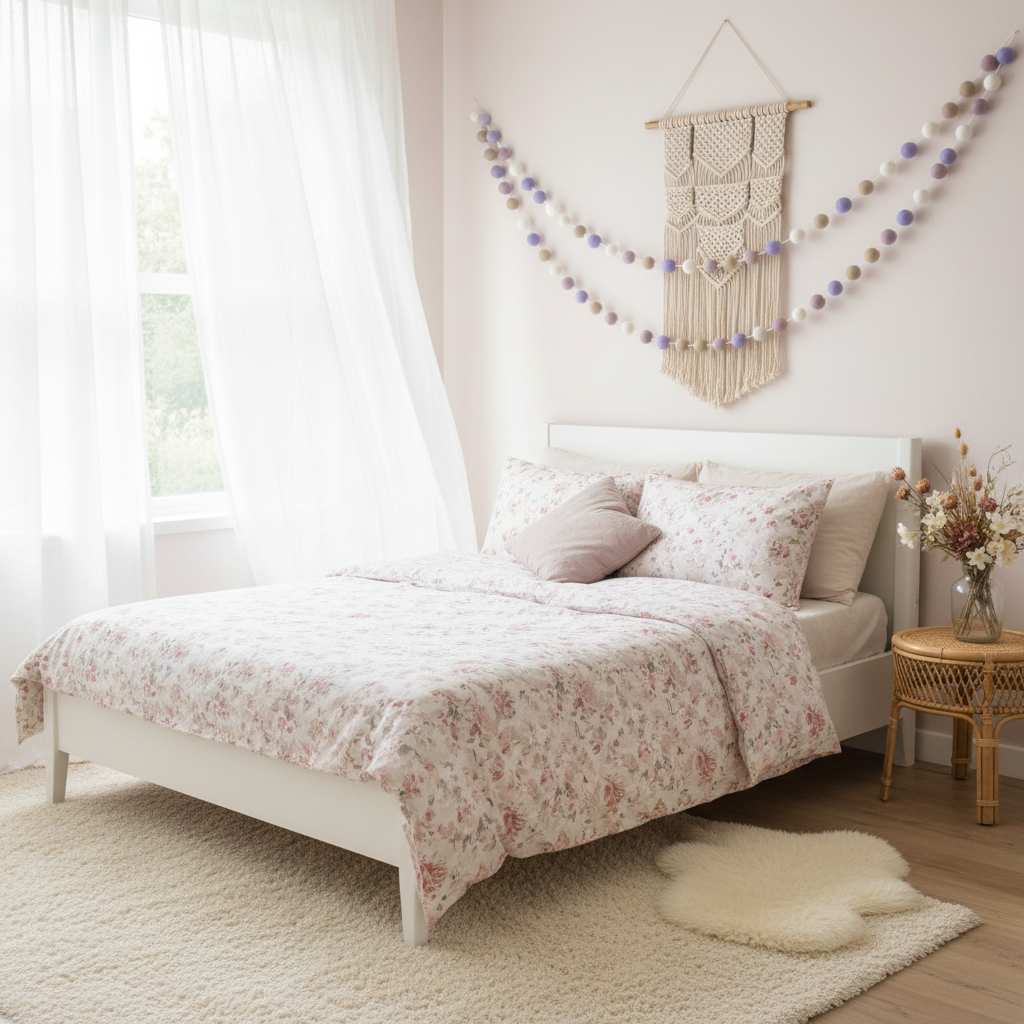 Guirlande de pompons feutrés brume florale dans une chambre fille