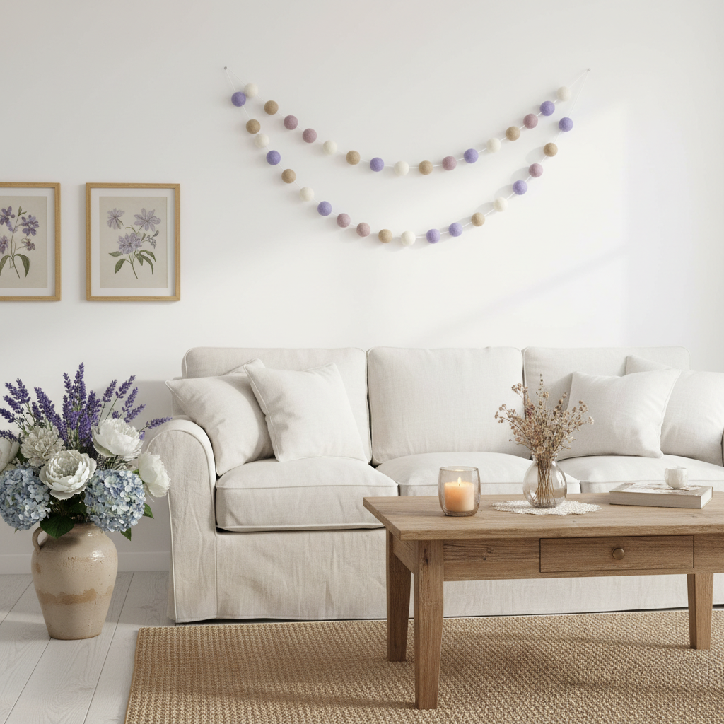 Guirlande de pompons feutrés brume florale dans un salon fleuri