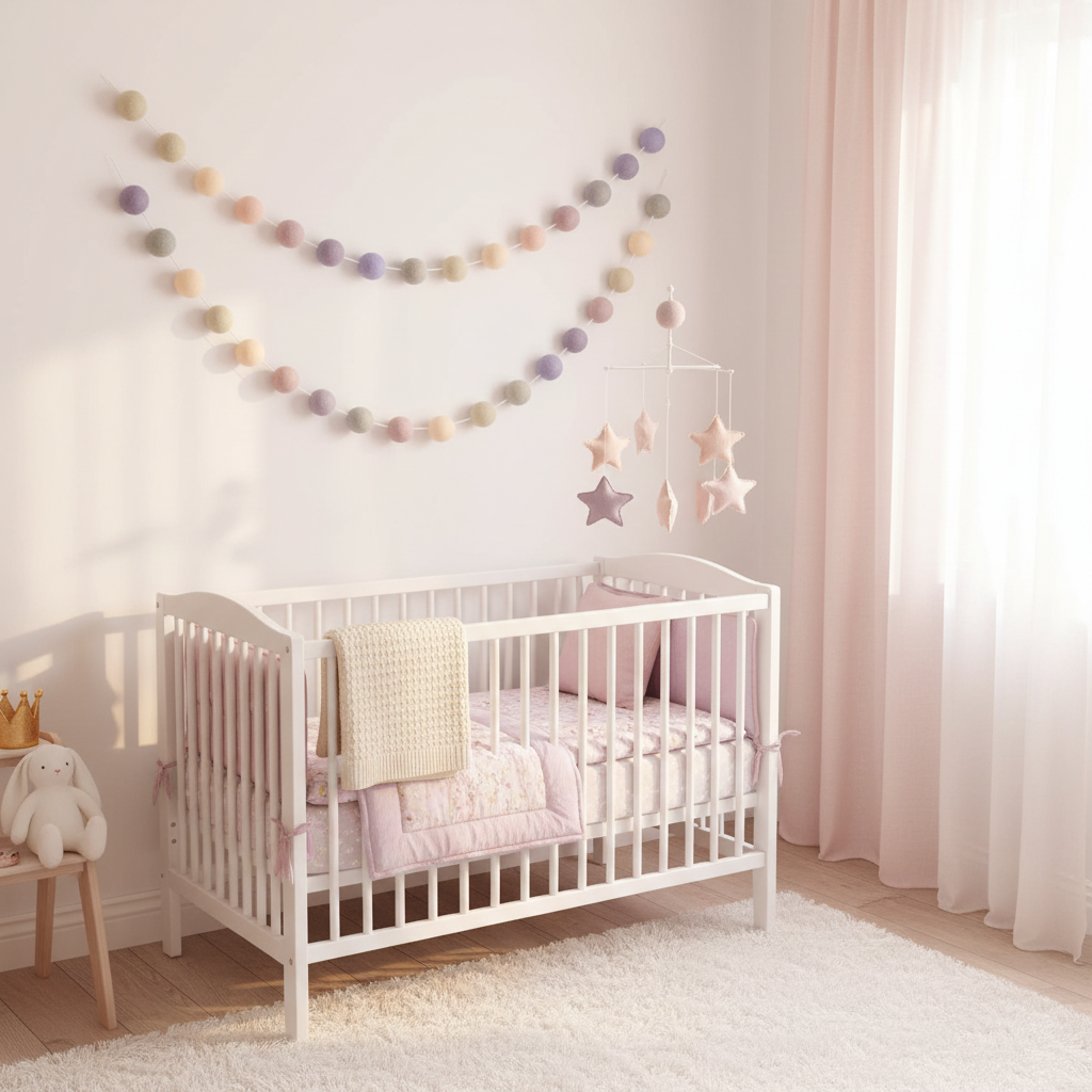 Guirlande de pompons feutrés brume lavande suspendue sur un mur dans une chambre bébé fille