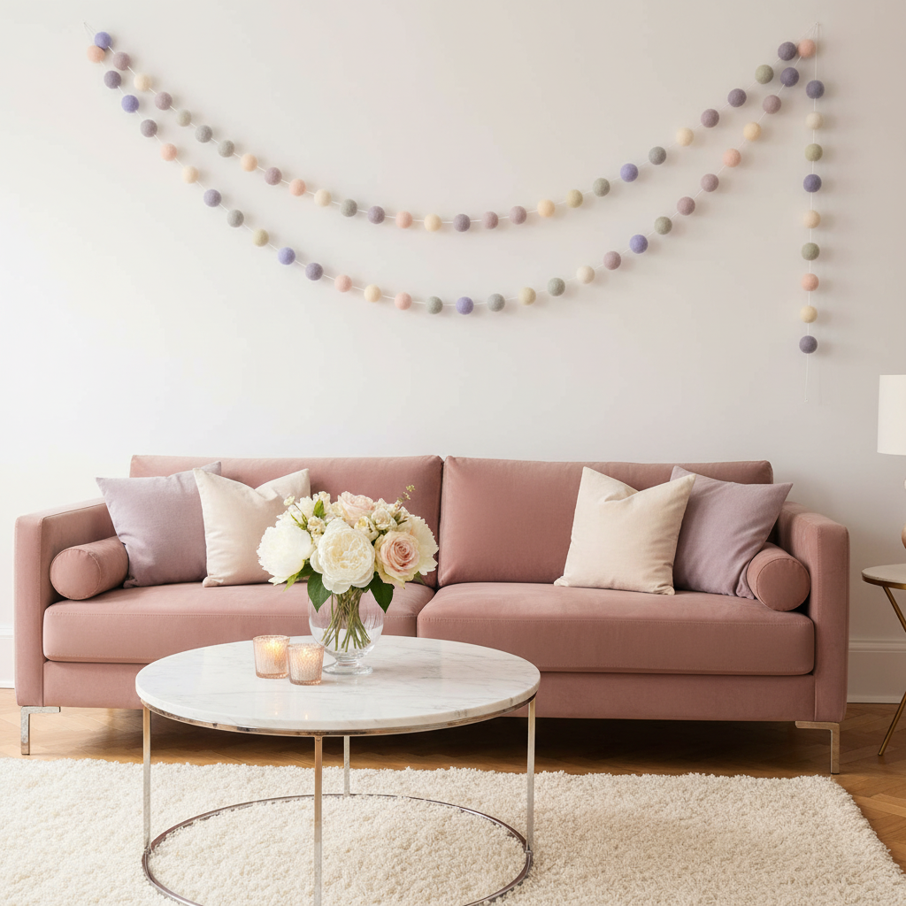 Guirlande de pompons feutrés suspendue sur un mur dans un salon romantique