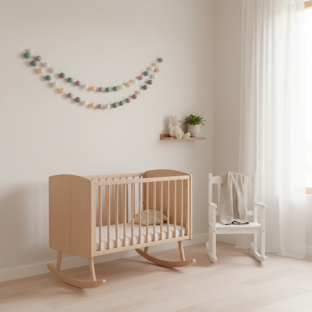 Guirlande de pompons feutrés brume nordique suspendue dans une chambre bébé