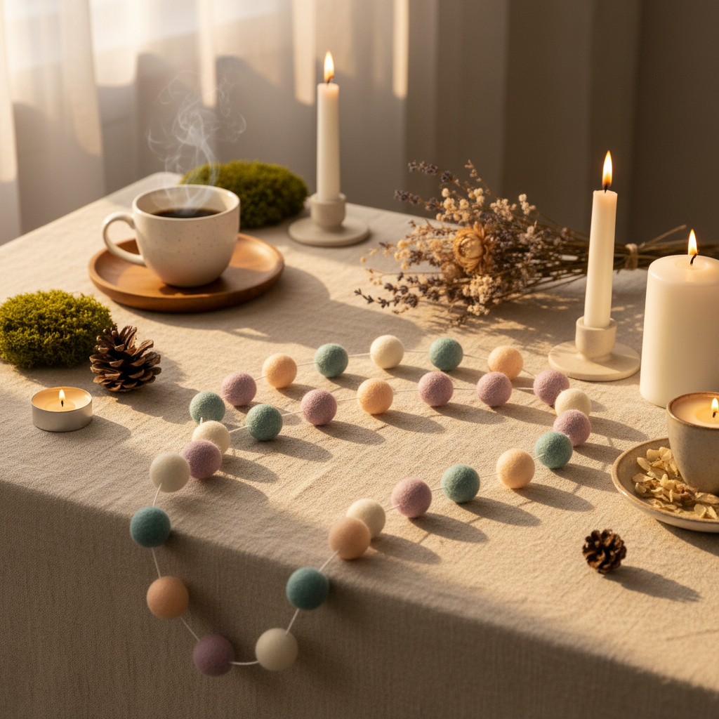Guirlande de pompons feutrés brume nordique sur une table avec bougies