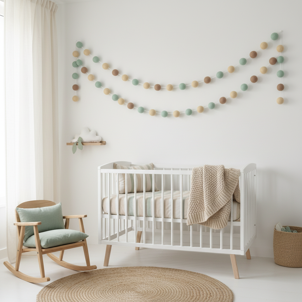 Guirlande de pompons feutrés beige céladon suspendue dans une chambre bébé