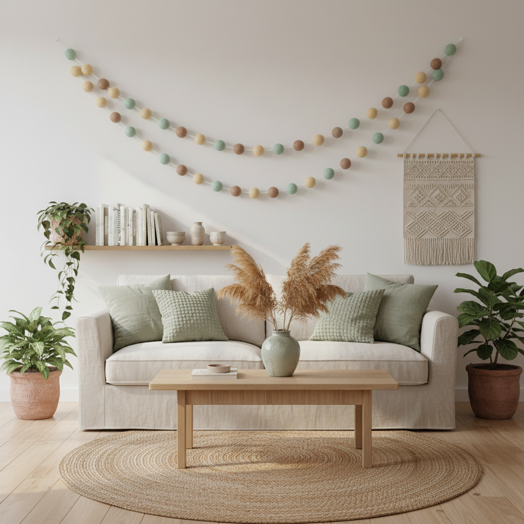 Guirlande de pompons feutrés beige céladon suspendue sur un mur de salon japandi