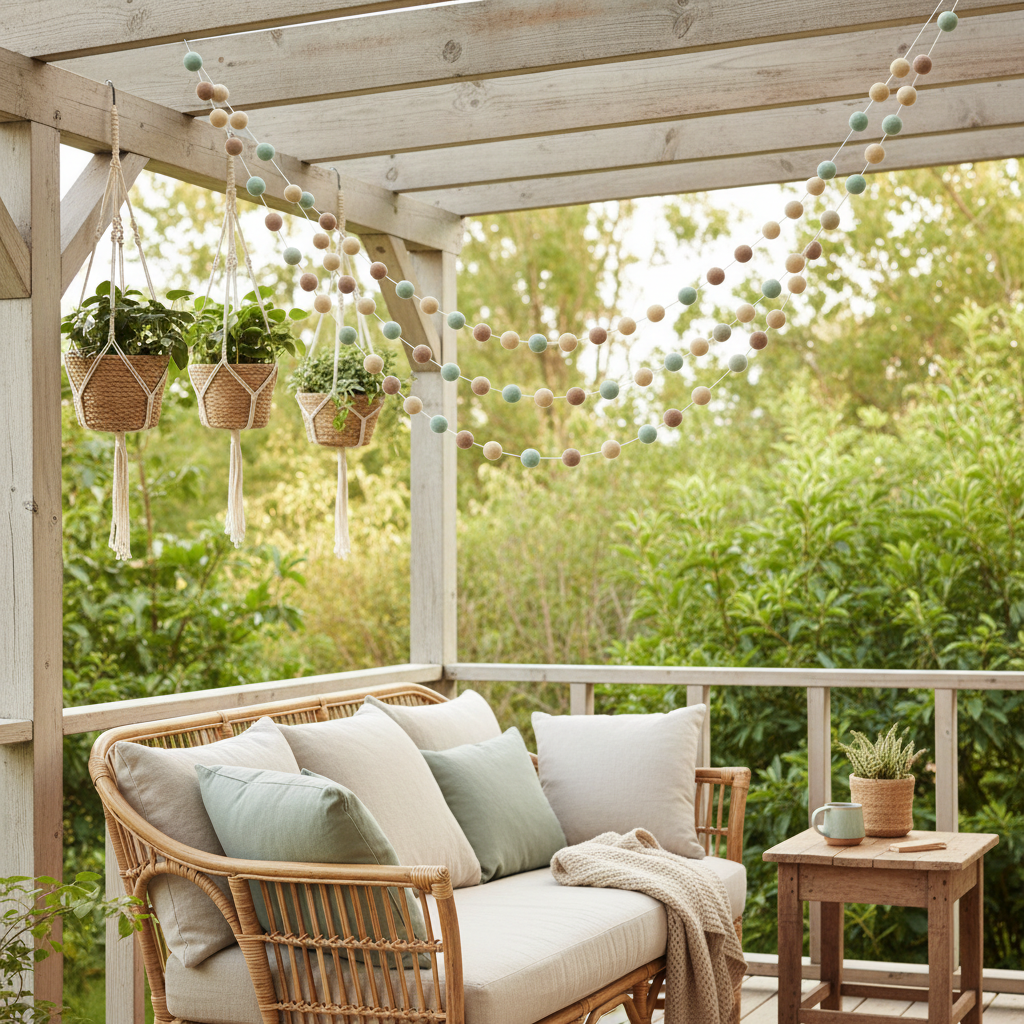 Guirlande de pompons feutrés beige céladon suspendue dans une terrasse