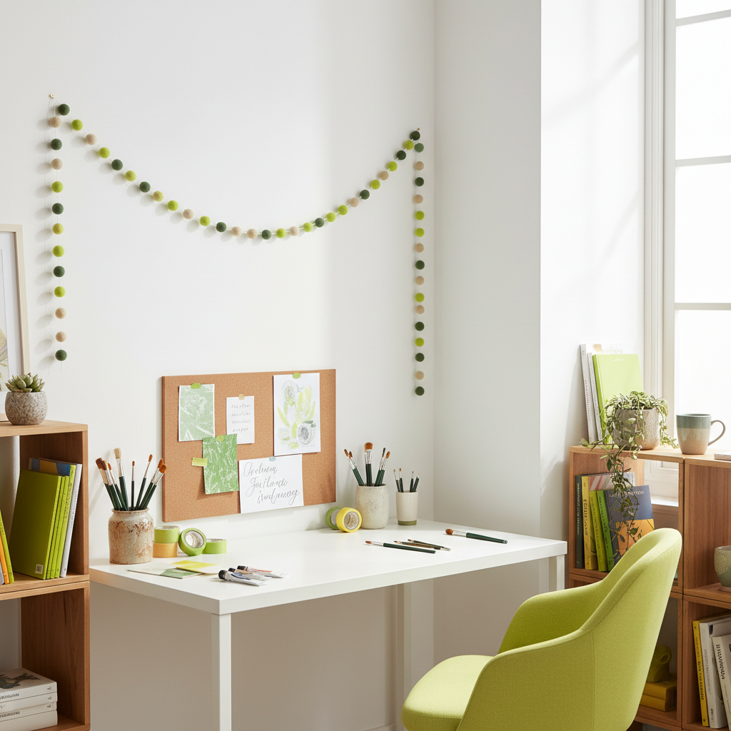 Guirlande de pompons feutrés citron matcha suspendue dans un bureau créatif