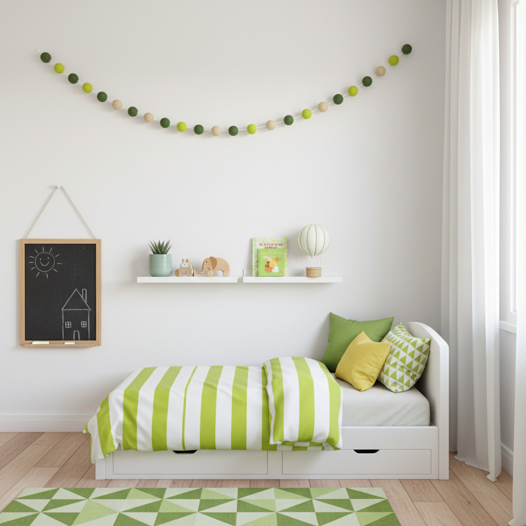 Guirlande de pompons feutrés citron matcha suspendue dans une chambre d'enfant