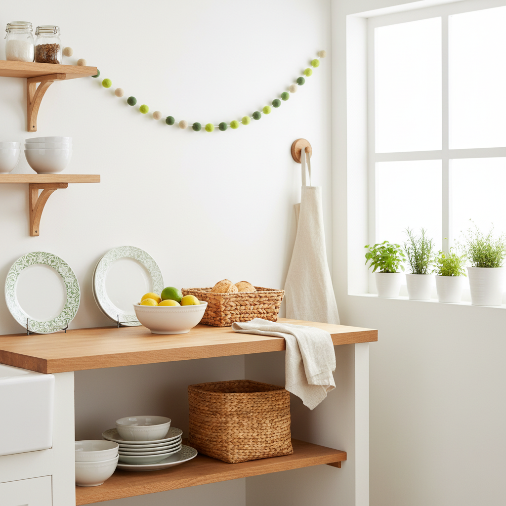 Guirlande de pompons feutrés citron matcha suspendue dans une cuisine