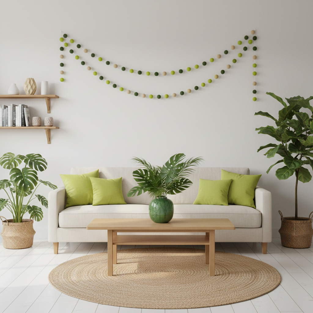 Guirlande de pompons feutrés citron matcha suspendue dans un salon