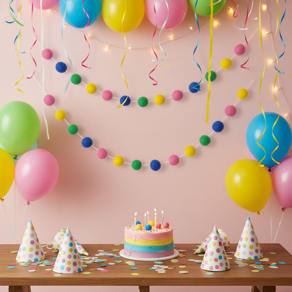 Guirlande de pompons feutrés confettis suspendue pour un anniversaire