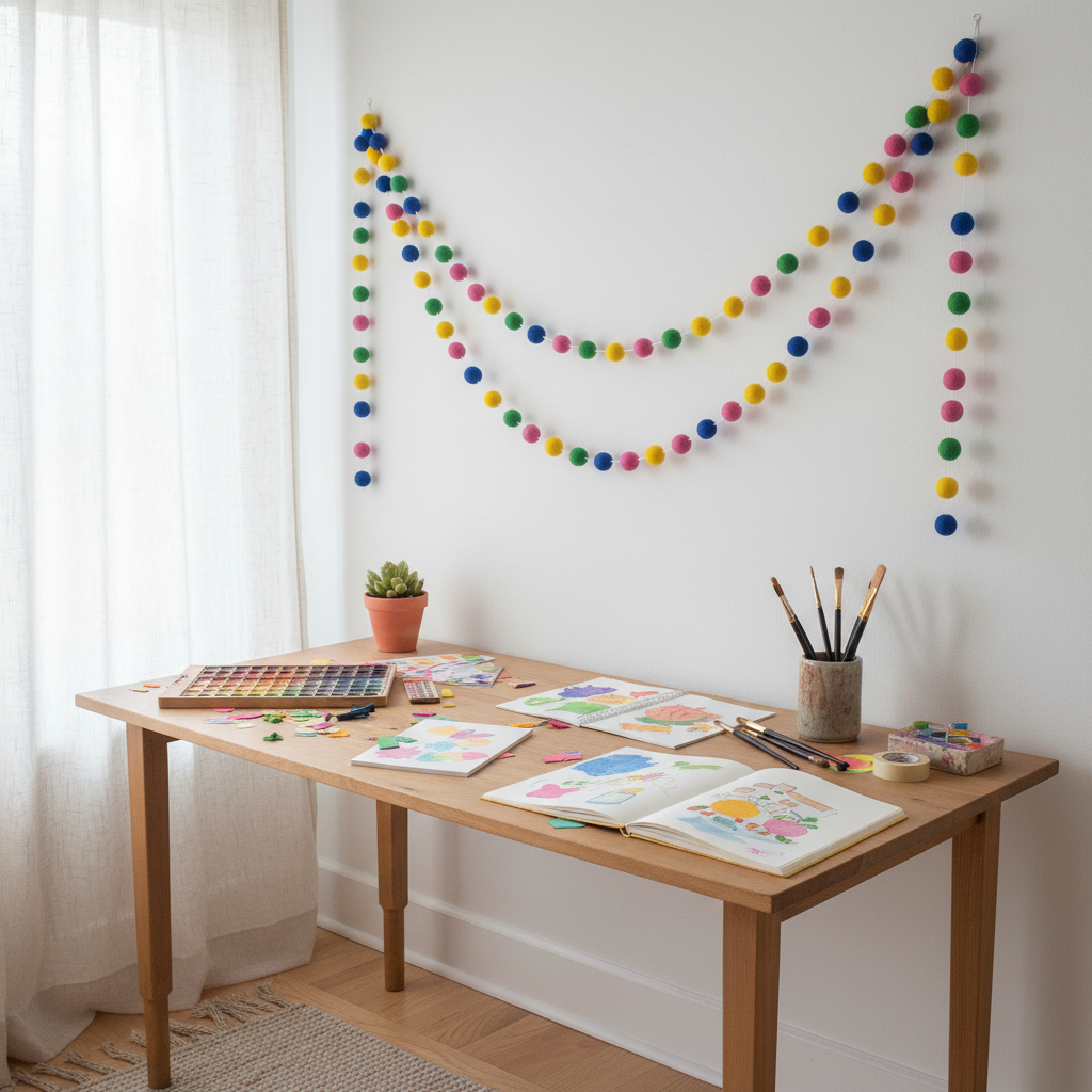 Guirlande de pompons feutrés confettis suspendue dans un bureau créatif