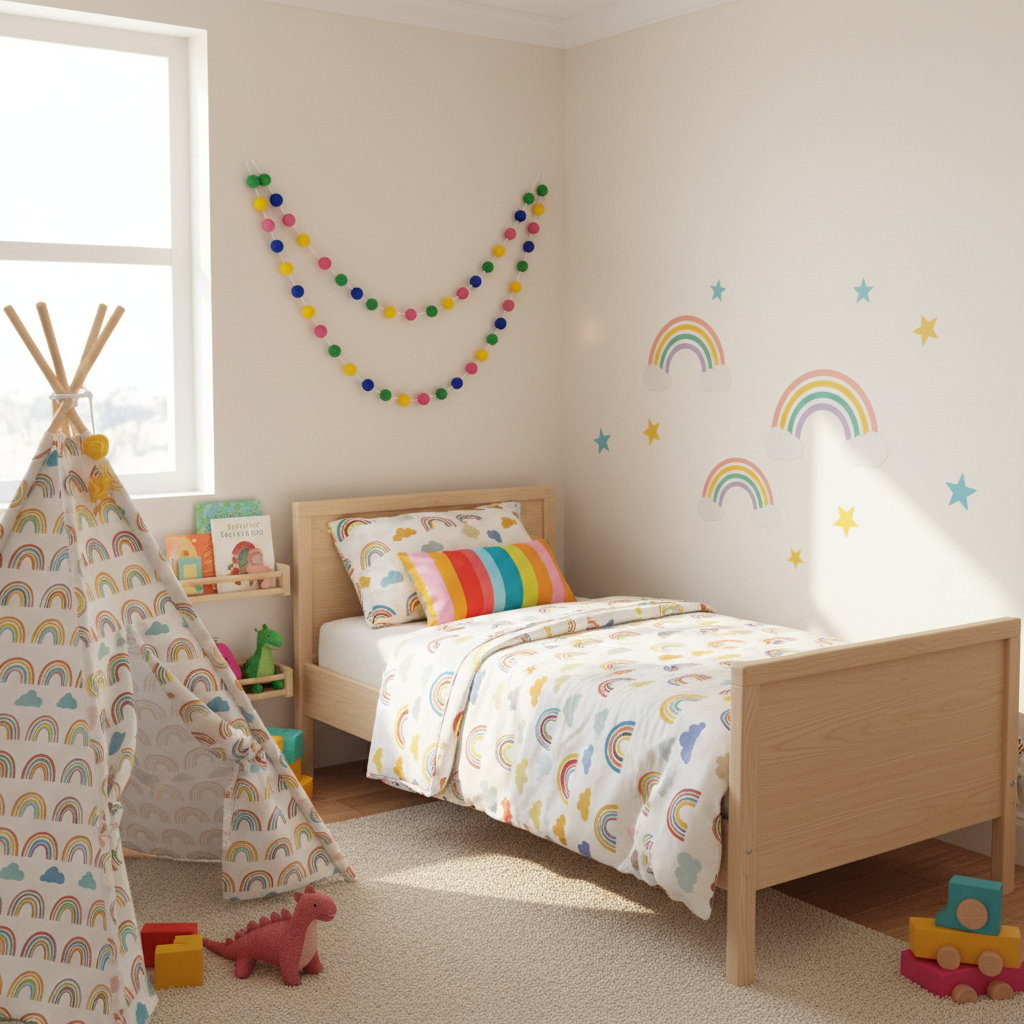 Guirlande de pompons feutrés confettis suspendue dans une chambre d'enfant